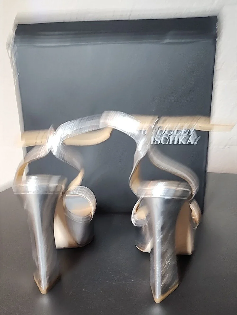 Badgley Mischka Caia Metallic Silver Platform Heels with Ankle Strap